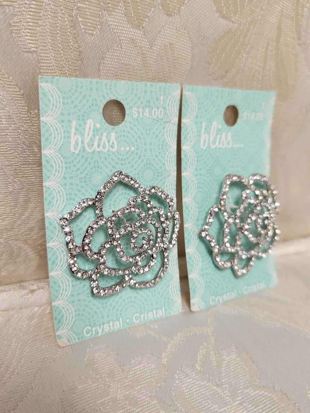 2 Rhinestone Crystal Rose Flower Buttons Brooch Sewing Crafts NWT Bliss...